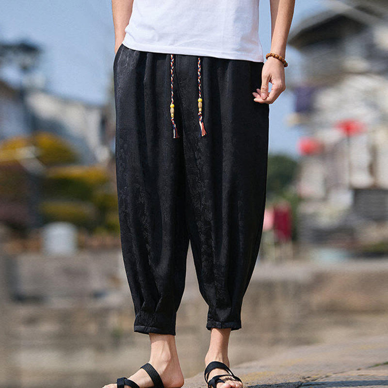 Buddha Stones夏 キャラクター 刺繍 デザイン ドローストリング メンズ 7-8丈 ポケット付きパンツ - image 1