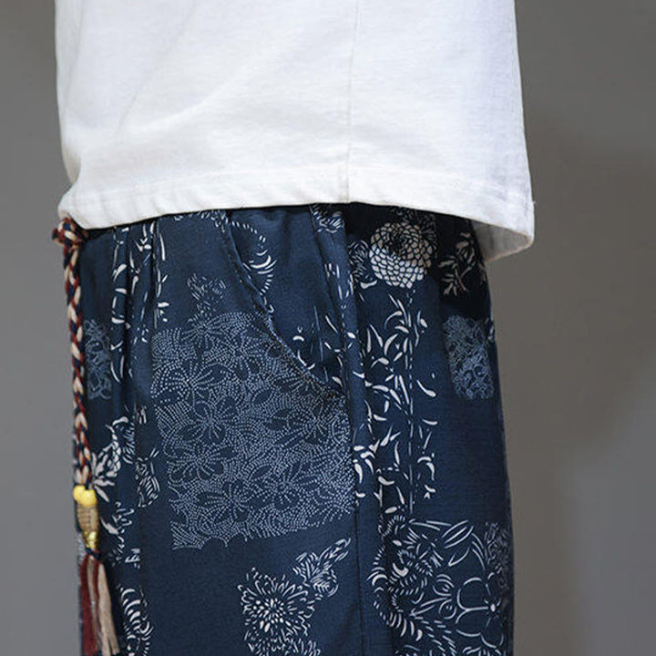 Buddha Stones、夏、竹の葉、花柄、コットンリネン、ポケット付きメンズカプリパンツ - image 10