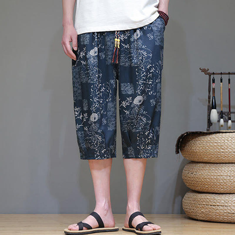 Buddha Stones、夏、竹の葉、花柄、コットンリネン、ポケット付きメンズカプリパンツ - image 5