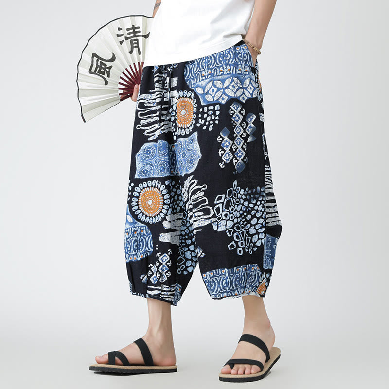 Buddha Stones夏 スクエア パッチワーク 象 曼荼羅 幾何学 コットン リネン メンズ 7-8丈 ポケット付きパンツ - image 39