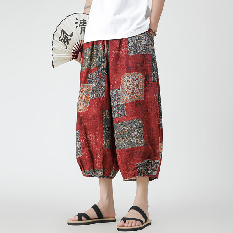 Buddha Stones夏 スクエア パッチワーク 象 曼荼羅 幾何学 コットン リネン メンズ 7-8丈 ポケット付きパンツ - image 8