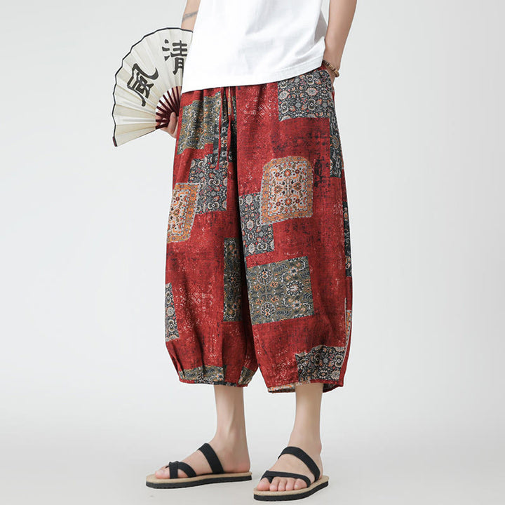 Buddha Stones夏 スクエア パッチワーク 象 曼荼羅 幾何学 コットン リネン メンズ 7-8丈 ポケット付きパンツ - image 8