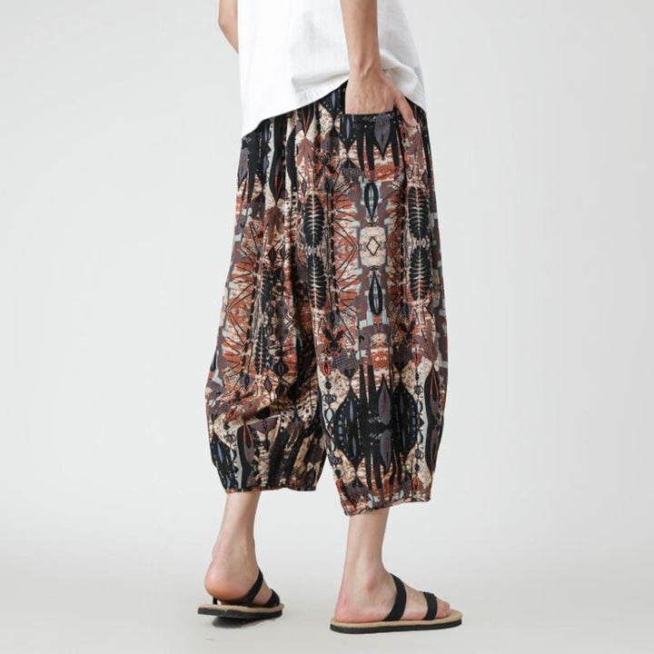 Buddha Stones夏 スクエア パッチワーク 象 曼荼羅 幾何学 コットン リネン メンズ 7-8丈 ポケット付きパンツ - image 14