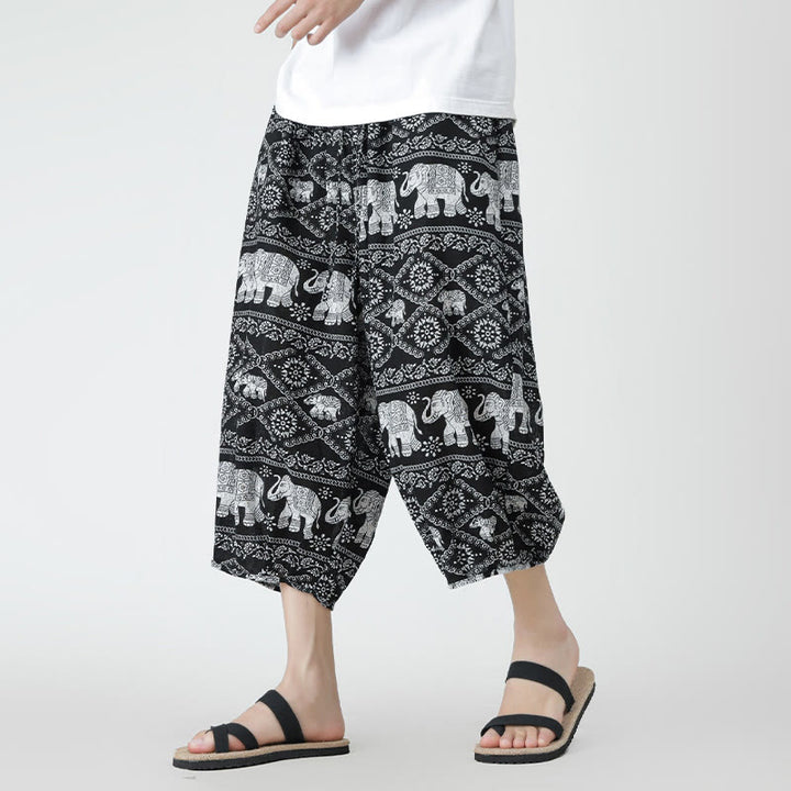 Buddha Stones夏 スクエア パッチワーク 象 曼荼羅 幾何学 コットン リネン メンズ 7-8丈 ポケット付きパンツ