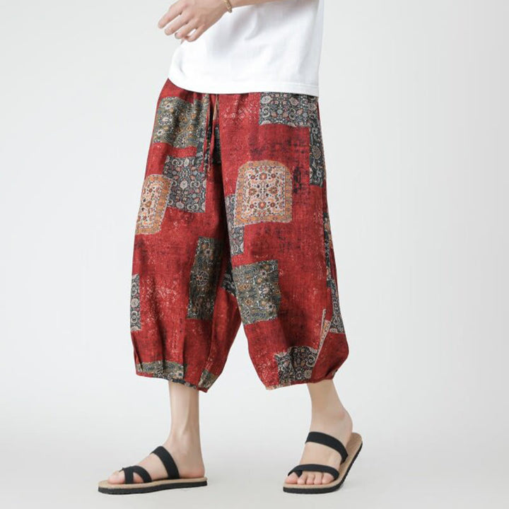 Buddha Stones夏 スクエア パッチワーク 象 曼荼羅 幾何学 コットン リネン メンズ 7-8丈 ポケット付きパンツ - 赤 - US/UK/AU46、 EU56 (5XL) - image 0