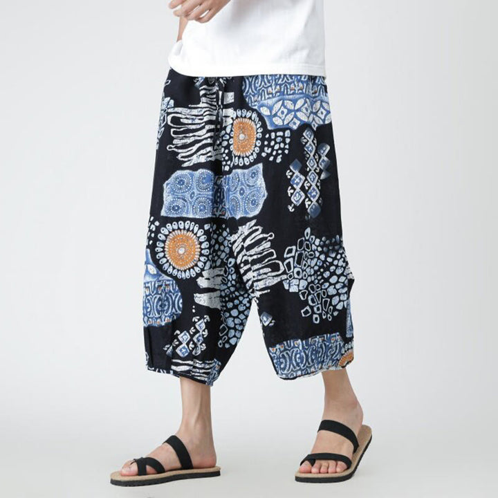 Buddha Stones夏 スクエア パッチワーク 象 曼荼羅 幾何学 コットン リネン メンズ 7-8丈 ポケット付きパンツ - スチールブルー - US/UK/AU46、 EU56 (5XL) - image 31