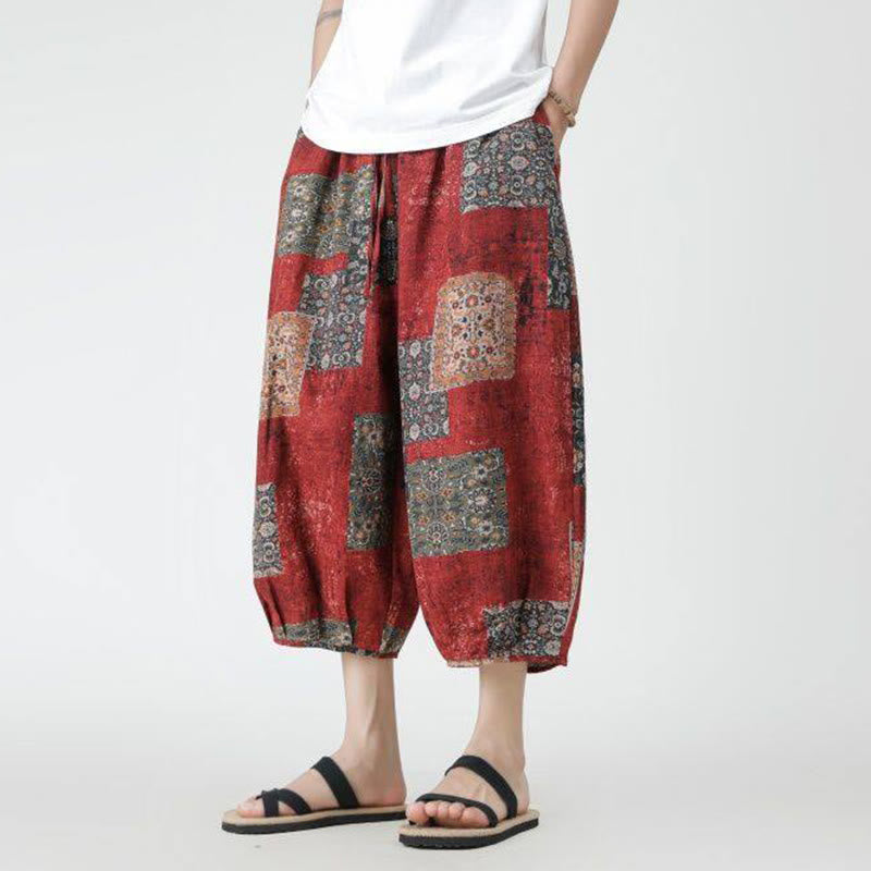 Buddha Stones夏 スクエア パッチワーク 象 曼荼羅 幾何学 コットン リネン メンズ 7-8丈 ポケット付きパンツ - image 9