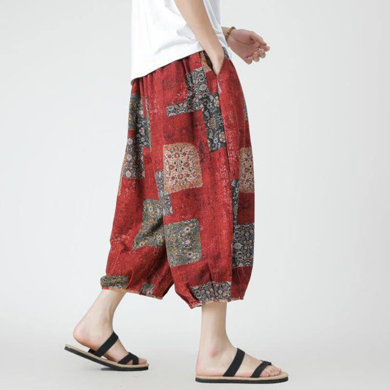 Buddha Stones夏 スクエア パッチワーク 象 曼荼羅 幾何学 コットン リネン メンズ 7-8丈 ポケット付きパンツ - image 3