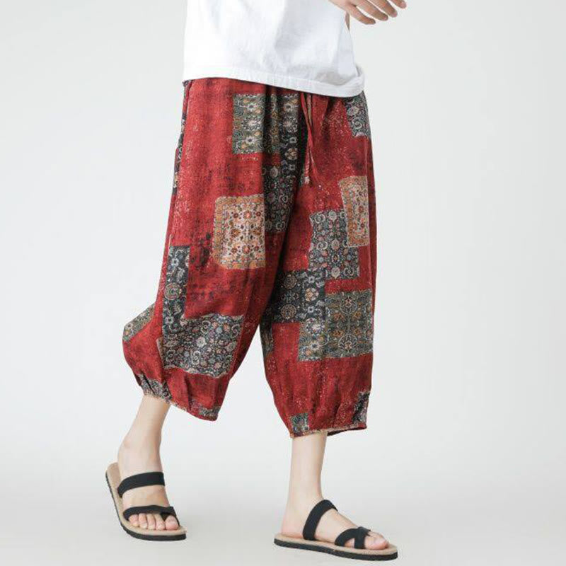 Buddha Stones夏 スクエア パッチワーク 象 曼荼羅 幾何学 コットン リネン メンズ 7-8丈 ポケット付きパンツ - image 6