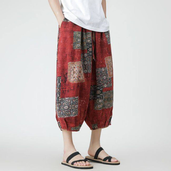 Buddha Stones夏 スクエア パッチワーク 象 曼荼羅 幾何学 コットン リネン メンズ 7-8丈 ポケット付きパンツ