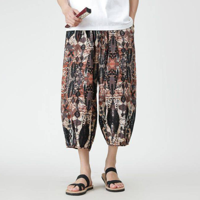 Buddha Stones夏 スクエア パッチワーク 象 曼荼羅 幾何学 コットン リネン メンズ 7-8丈 ポケット付きパンツ - image 11