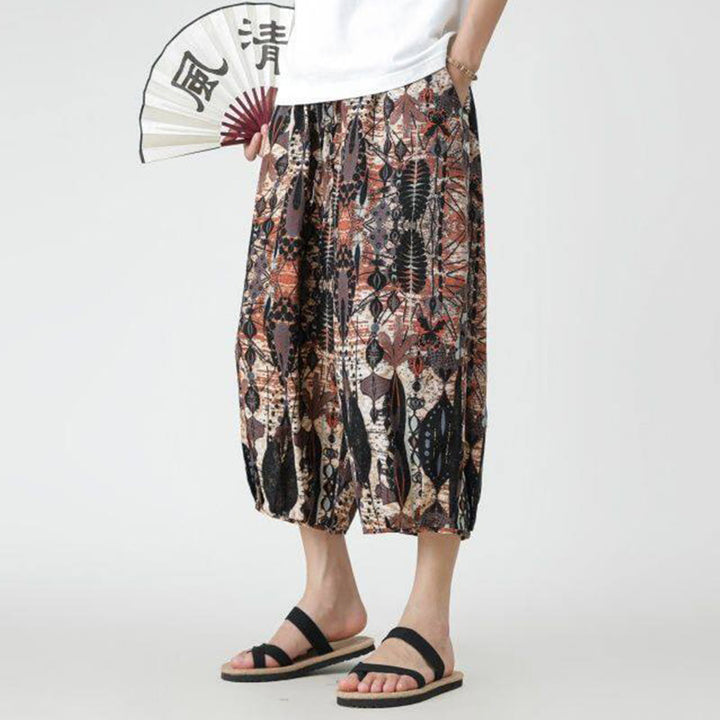 Buddha Stones夏 スクエア パッチワーク 象 曼荼羅 幾何学 コットン リネン メンズ 7-8丈 ポケット付きパンツ - image 18