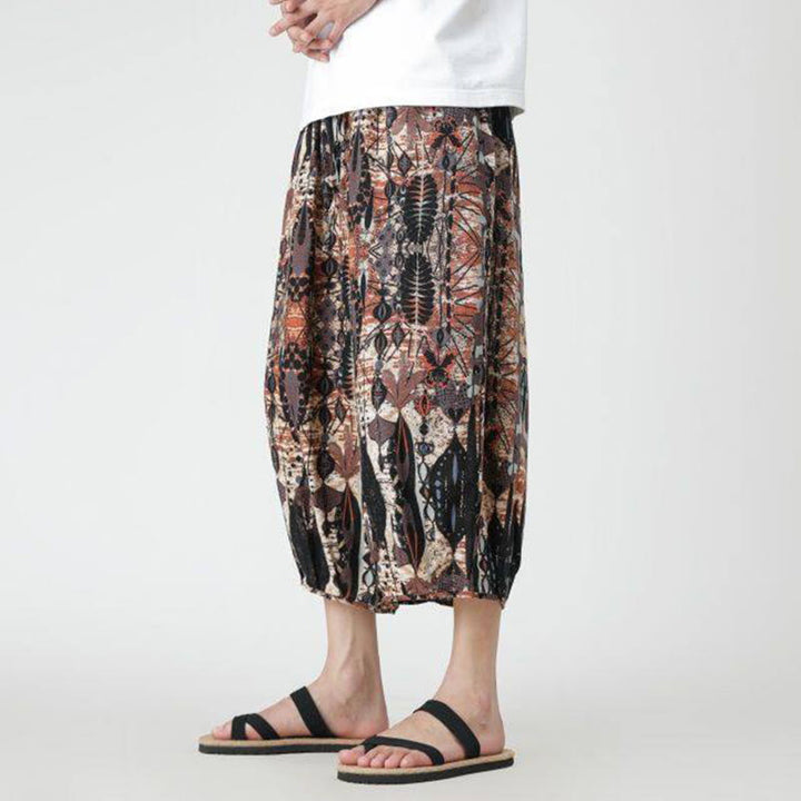 Buddha Stones夏 スクエア パッチワーク 象 曼荼羅 幾何学 コットン リネン メンズ 7-8丈 ポケット付きパンツ - image 15