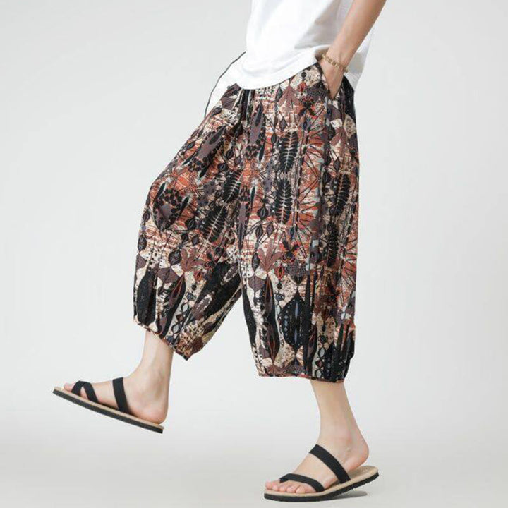 Buddha Stones夏 スクエア パッチワーク 象 曼荼羅 幾何学 コットン リネン メンズ 7-8丈 ポケット付きパンツ - image 19