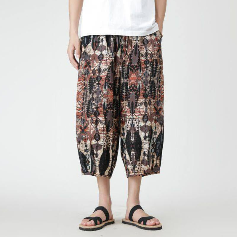 Buddha Stones夏 スクエア パッチワーク 象 曼荼羅 幾何学 コットン リネン メンズ 7-8丈 ポケット付きパンツ - image 17
