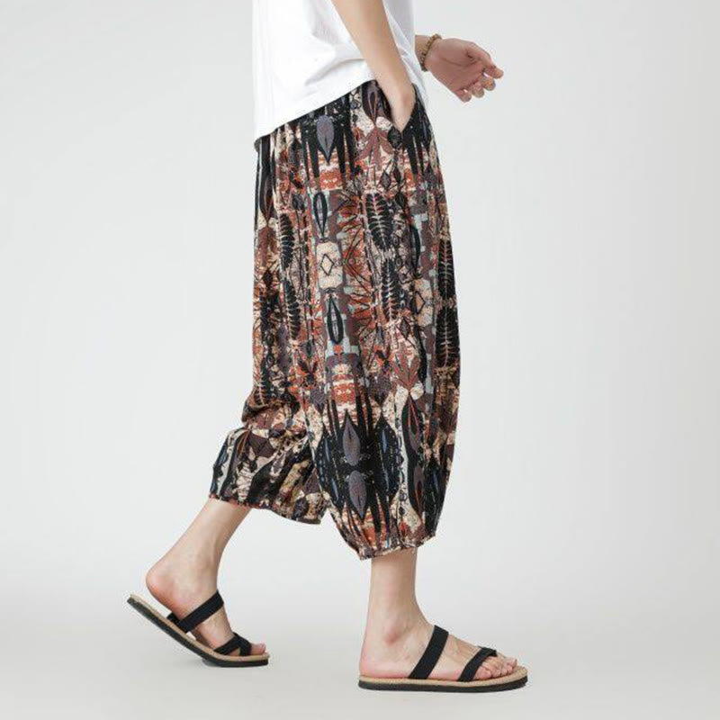 Buddha Stones夏 スクエア パッチワーク 象 曼荼羅 幾何学 コットン リネン メンズ 7-8丈 ポケット付きパンツ - image 13