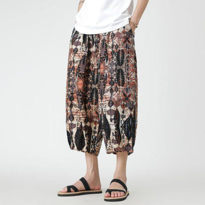 Buddha Stones夏 スクエア パッチワーク 象 曼荼羅 幾何学 コットン リネン メンズ 7-8丈 ポケット付きパンツ - image 12