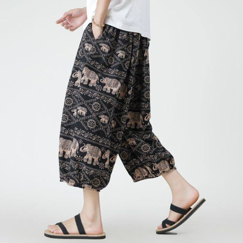 Buddha Stones夏 スクエア パッチワーク 象 曼荼羅 幾何学 コットン リネン メンズ 7-8丈 ポケット付きパンツ - image 23