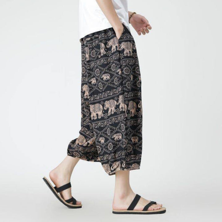 Buddha Stones夏 スクエア パッチワーク 象 曼荼羅 幾何学 コットン リネン メンズ 7-8丈 ポケット付きパンツ - image 22
