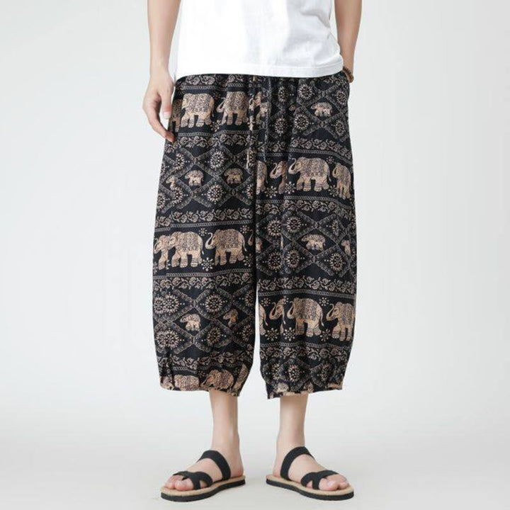 Buddha Stones夏 スクエア パッチワーク 象 曼荼羅 幾何学 コットン リネン メンズ 7-8丈 ポケット付きパンツ - image 21