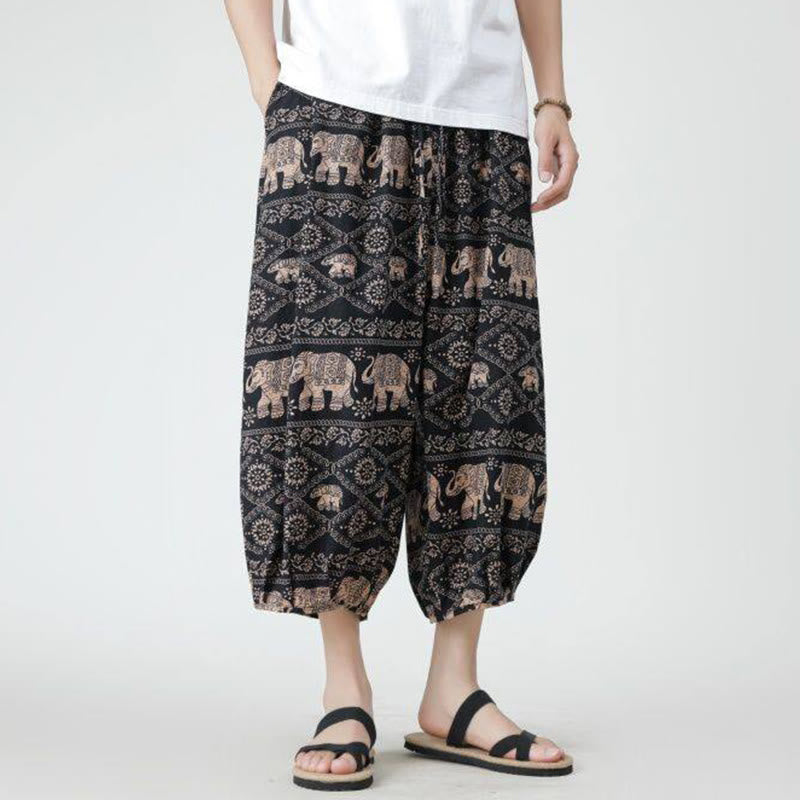 Buddha Stones夏 スクエア パッチワーク 象 曼荼羅 幾何学 コットン リネン メンズ 7-8丈 ポケット付きパンツ - image 28