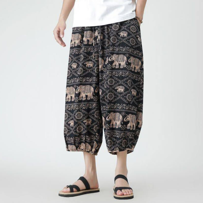 Buddha Stones夏 スクエア パッチワーク 象 曼荼羅 幾何学 コットン リネン メンズ 7-8丈 ポケット付きパンツ - image 27