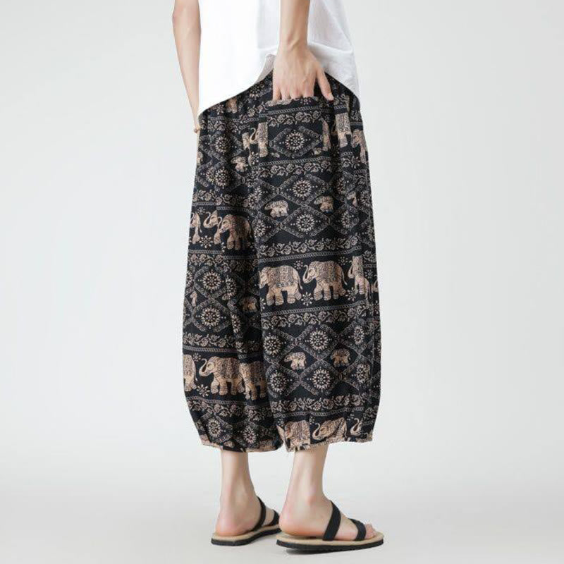 Buddha Stones夏 スクエア パッチワーク 象 曼荼羅 幾何学 コットン リネン メンズ 7-8丈 ポケット付きパンツ - image 24