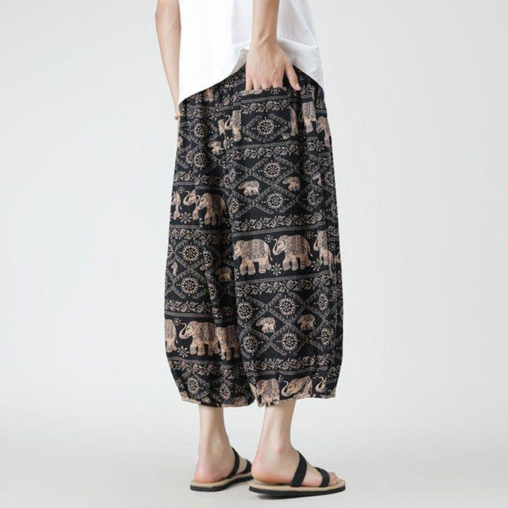 Buddha Stones夏 スクエア パッチワーク 象 曼荼羅 幾何学 コットン リネン メンズ 7-8丈 ポケット付きパンツ - image 24