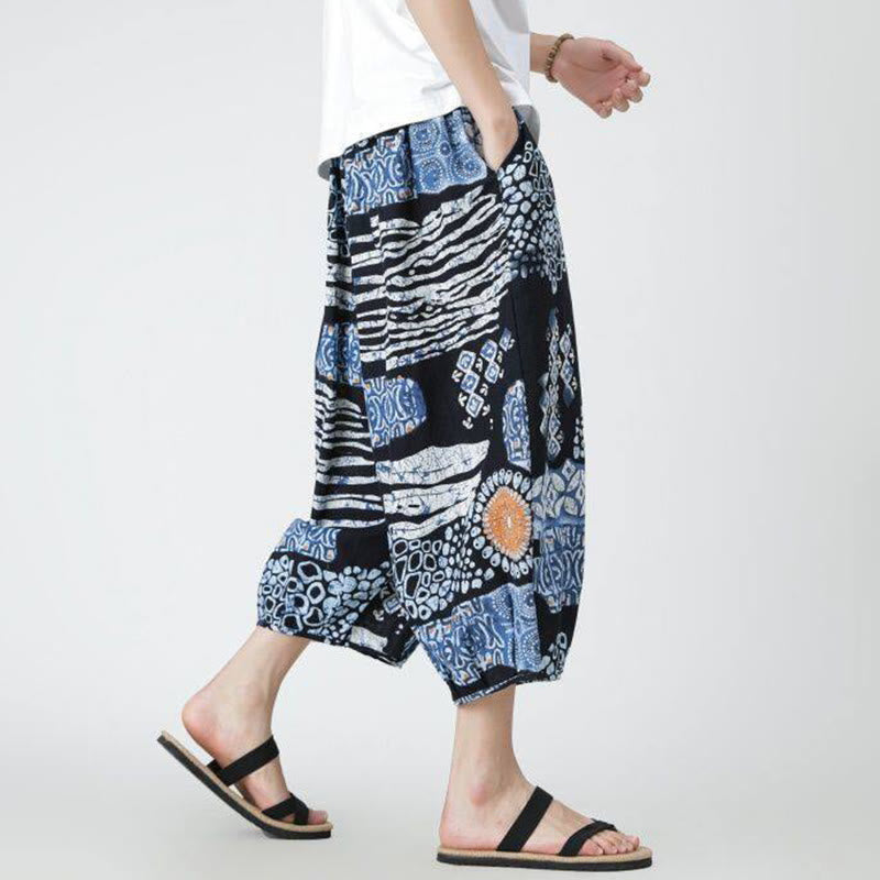 Buddha Stones夏 スクエア パッチワーク 象 曼荼羅 幾何学 コットン リネン メンズ 7-8丈 ポケット付きパンツ - image 33