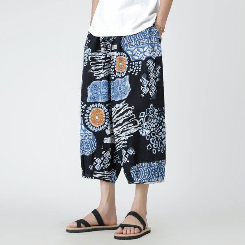 Buddha Stones夏 スクエア パッチワーク 象 曼荼羅 幾何学 コットン リネン メンズ 7-8丈 ポケット付きパンツ - image 35
