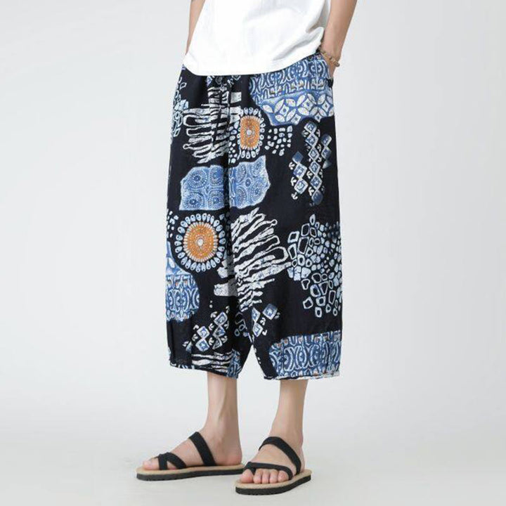 Buddha Stones夏 スクエア パッチワーク 象 曼荼羅 幾何学 コットン リネン メンズ 7-8丈 ポケット付きパンツ - image 35