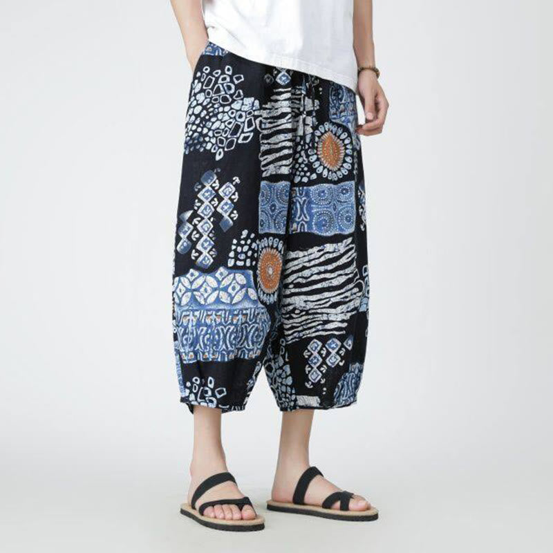 Buddha Stones夏 スクエア パッチワーク 象 曼荼羅 幾何学 コットン リネン メンズ 7-8丈 ポケット付きパンツ - image 34