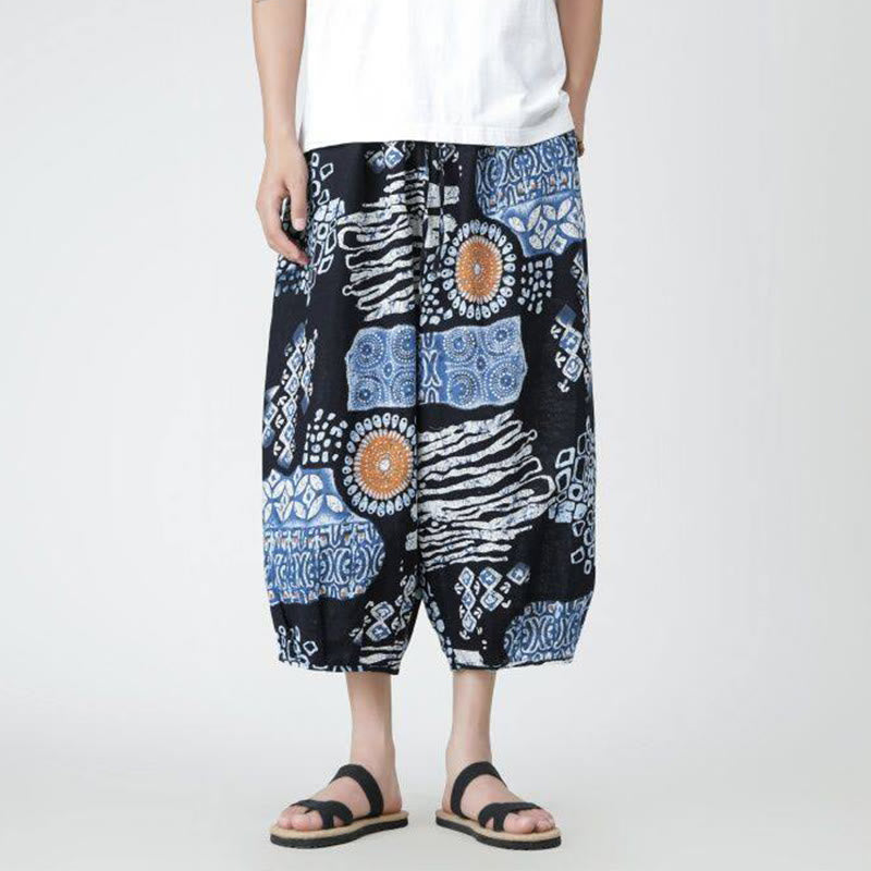 Buddha Stones夏 スクエア パッチワーク 象 曼荼羅 幾何学 コットン リネン メンズ 7-8丈 ポケット付きパンツ - image 32