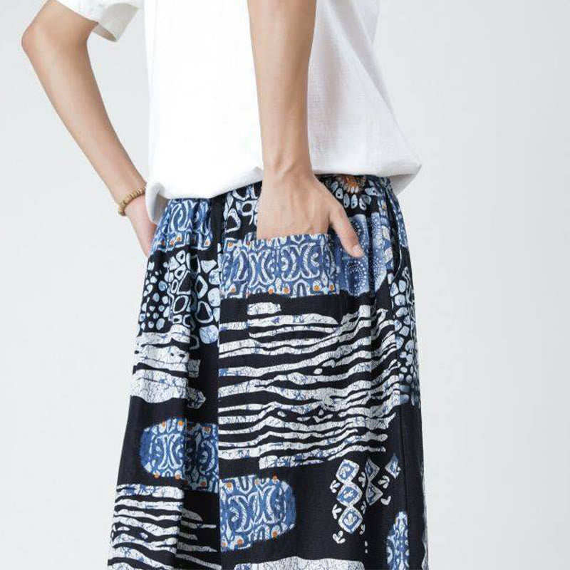 Buddha Stones夏 スクエア パッチワーク 象 曼荼羅 幾何学 コットン リネン メンズ 7-8丈 ポケット付きパンツ - image 40