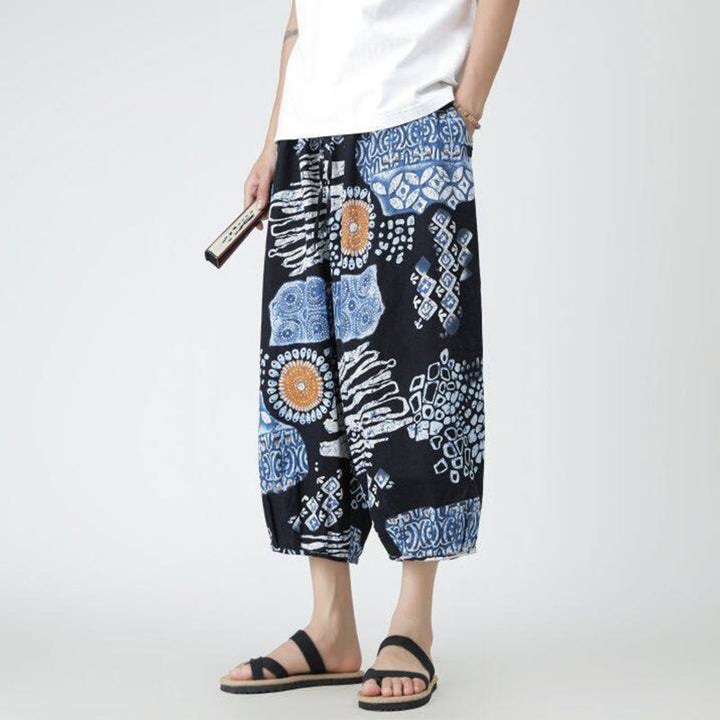 Buddha Stones夏 スクエア パッチワーク 象 曼荼羅 幾何学 コットン リネン メンズ 7-8丈 ポケット付きパンツ - image 36