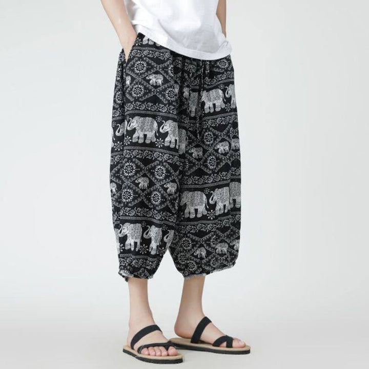 Buddha Stones夏 スクエア パッチワーク 象 曼荼羅 幾何学 コットン リネン メンズ 7-8丈 ポケット付きパンツ - image 46
