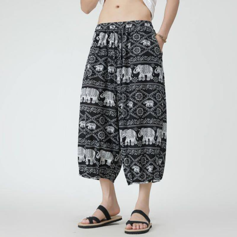 Buddha Stones夏 スクエア パッチワーク 象 曼荼羅 幾何学 コットン リネン メンズ 7-8丈 ポケット付きパンツ - image 48
