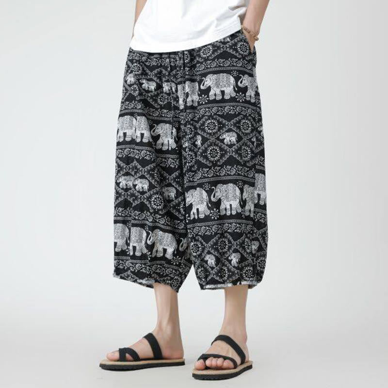 Buddha Stones夏 スクエア パッチワーク 象 曼荼羅 幾何学 コットン リネン メンズ 7-8丈 ポケット付きパンツ - image 45