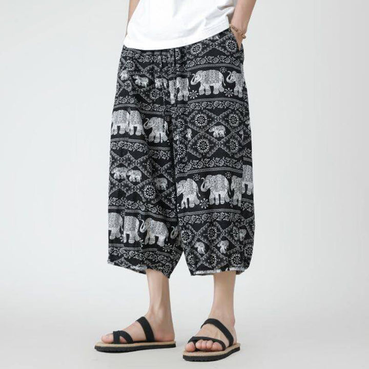 Buddha Stones夏 スクエア パッチワーク 象 曼荼羅 幾何学 コットン リネン メンズ 7-8丈 ポケット付きパンツ - image 45