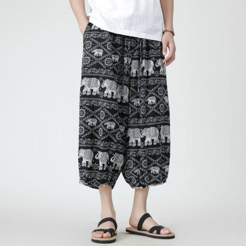 Buddha Stones夏 スクエア パッチワーク 象 曼荼羅 幾何学 コットン リネン メンズ 7-8丈 ポケット付きパンツ - image 47