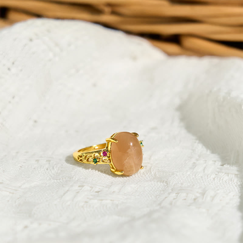 Buddha Stones 中空つるデザイン ピーチムーンストーン 調節可能幸せリング - image 2