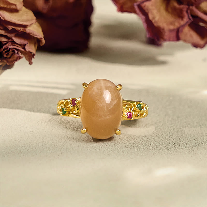 Buddha Stones 中空つるデザイン ピーチムーンストーン 調節可能幸せリング - image 1