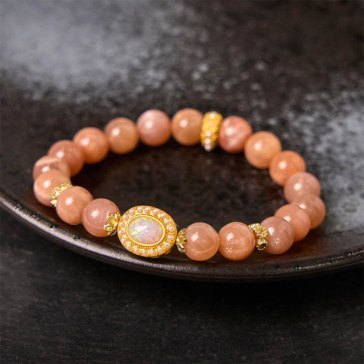 Buddha Stones天然ピーチムーンストーン 調節可能な癒しのブレスレット