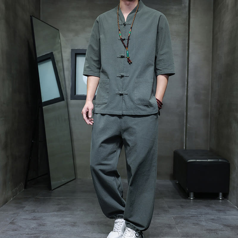 Buddha Stones2点セット 唐装 蛙ボタンデザイン シャツ＆パンツ ポケット付き メンズ瞑想服セット - カデットブルー - US/UK/AU46、 EU56 (5XL) - image 0