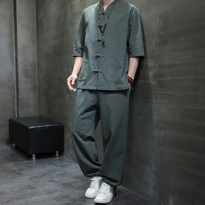 Buddha Stones 2点セット 唐装 カエルボタンデザイン シャツパンツ ポケット付き メンズ コットンリネン 瞑想用布セット - image 6