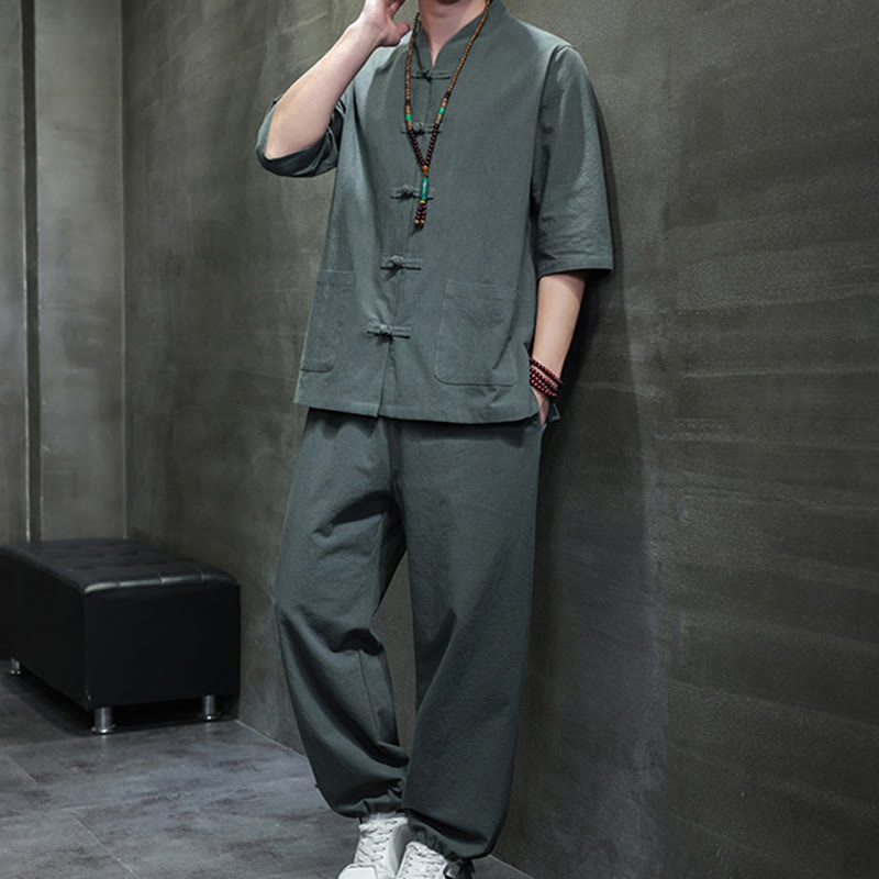 Buddha Stones2点セット 唐装 蛙ボタンデザイン シャツ＆パンツ ポケット付き メンズ瞑想服セット - image 1