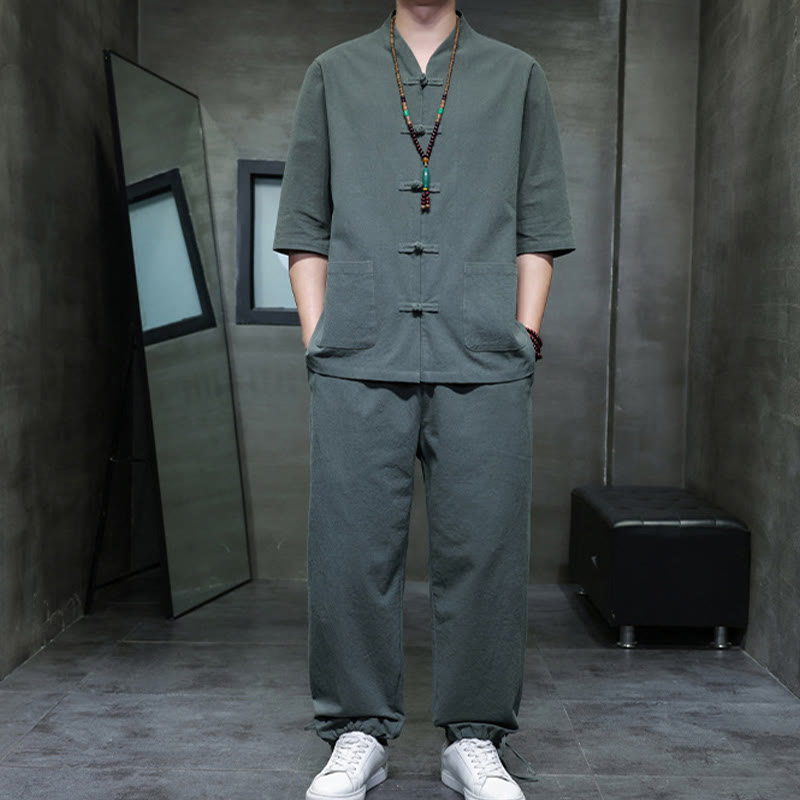 Buddha Stones 2点セット 唐装 カエルボタンデザイン シャツパンツ ポケット付き メンズ コットンリネン 瞑想用布セット - image 5