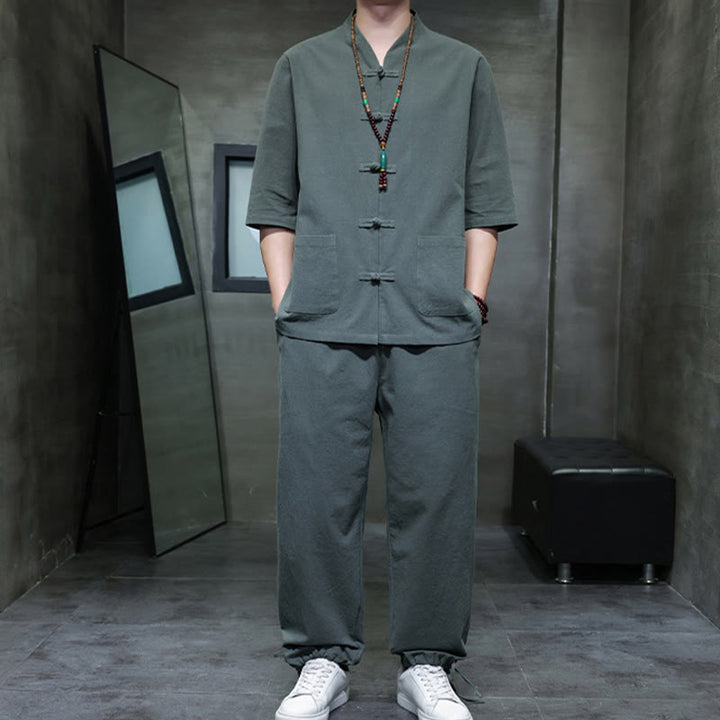 Buddha Stones 2点セット 唐装 カエルボタンデザイン シャツパンツ ポケット付き メンズ コットンリネン 瞑想用布セット - image 5