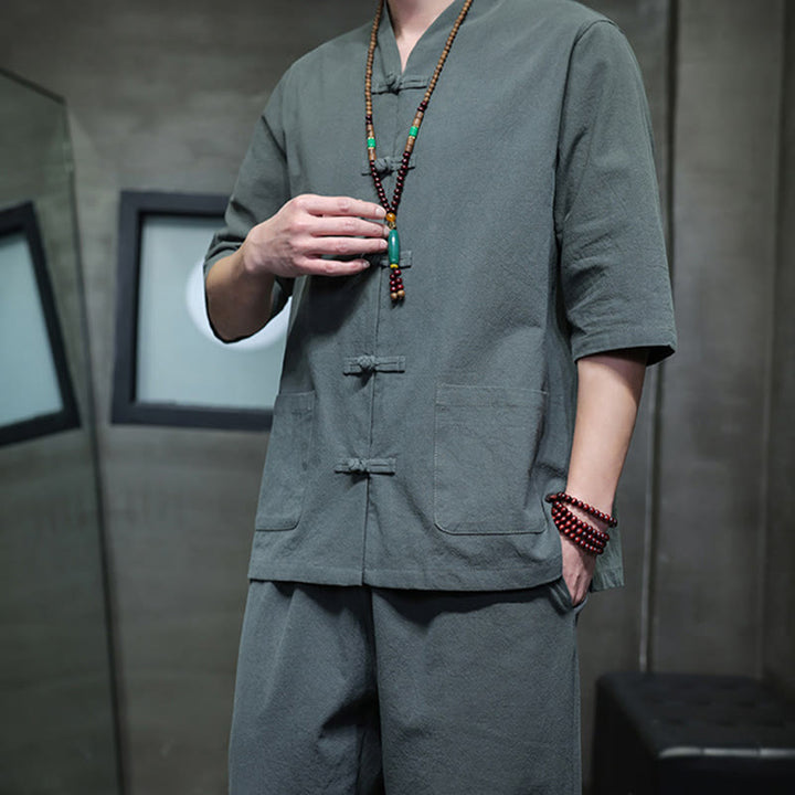 Buddha Stones 2点セット 唐装 カエルボタンデザイン シャツパンツ ポケット付き メンズ コットンリネン 瞑想用布セット - image 8