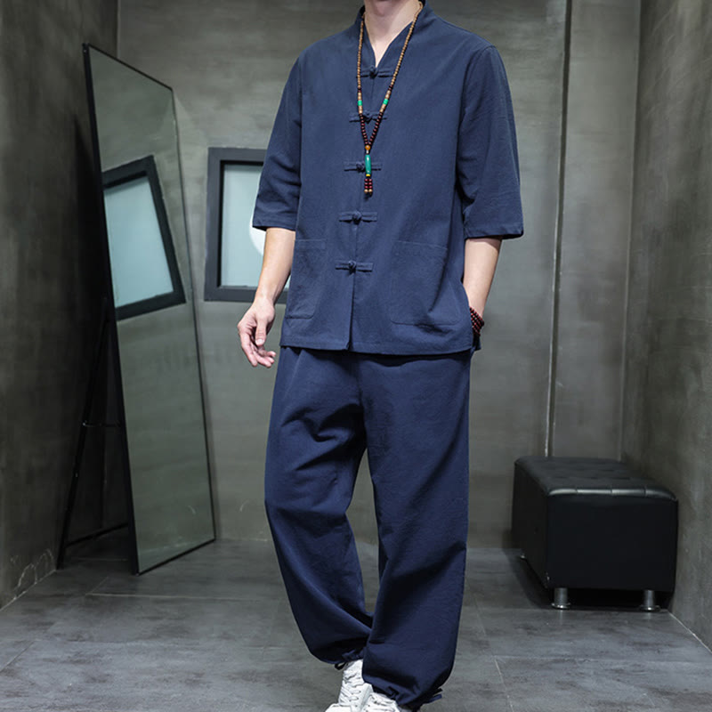 Buddha Stones 2点セット 唐装 カエルボタンデザイン シャツパンツ ポケット付き メンズ コットンリネン 瞑想用布セット - スティールブルー - US/UK/AU46、 EU56 (5XL) - image 13